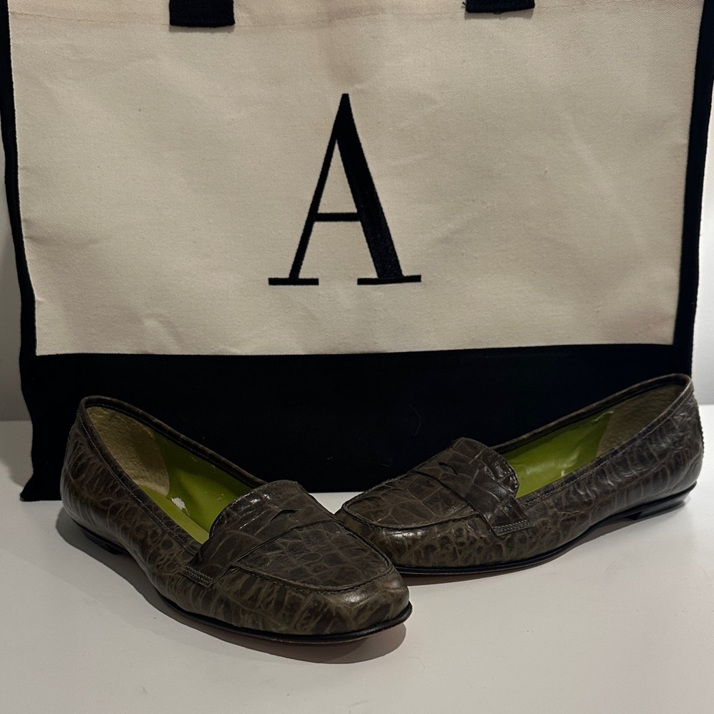 ANTONIO MELANI Green Crocodile-Embossed Loafers Size 7.5